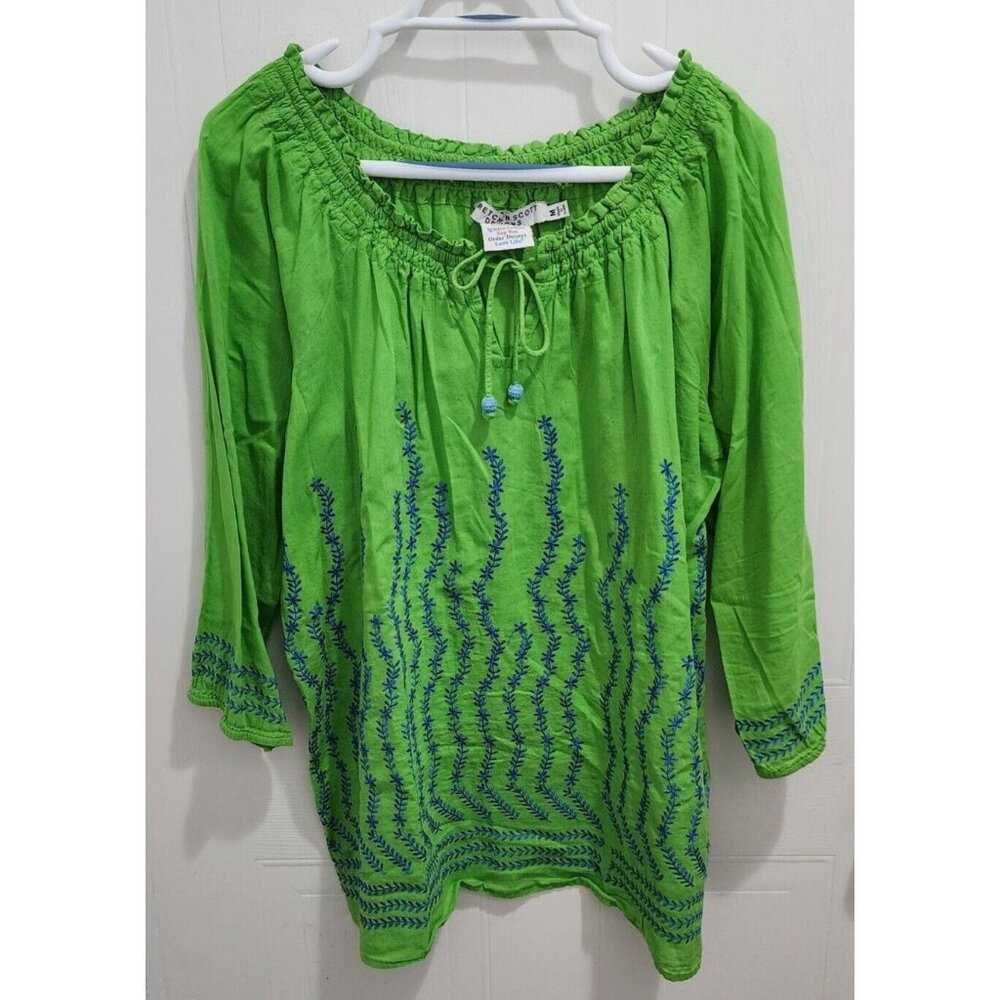 Gretchen Scott Women's 3/4 Sleeve Boat Neck Tunic Top Green/Blue Embroidered M
